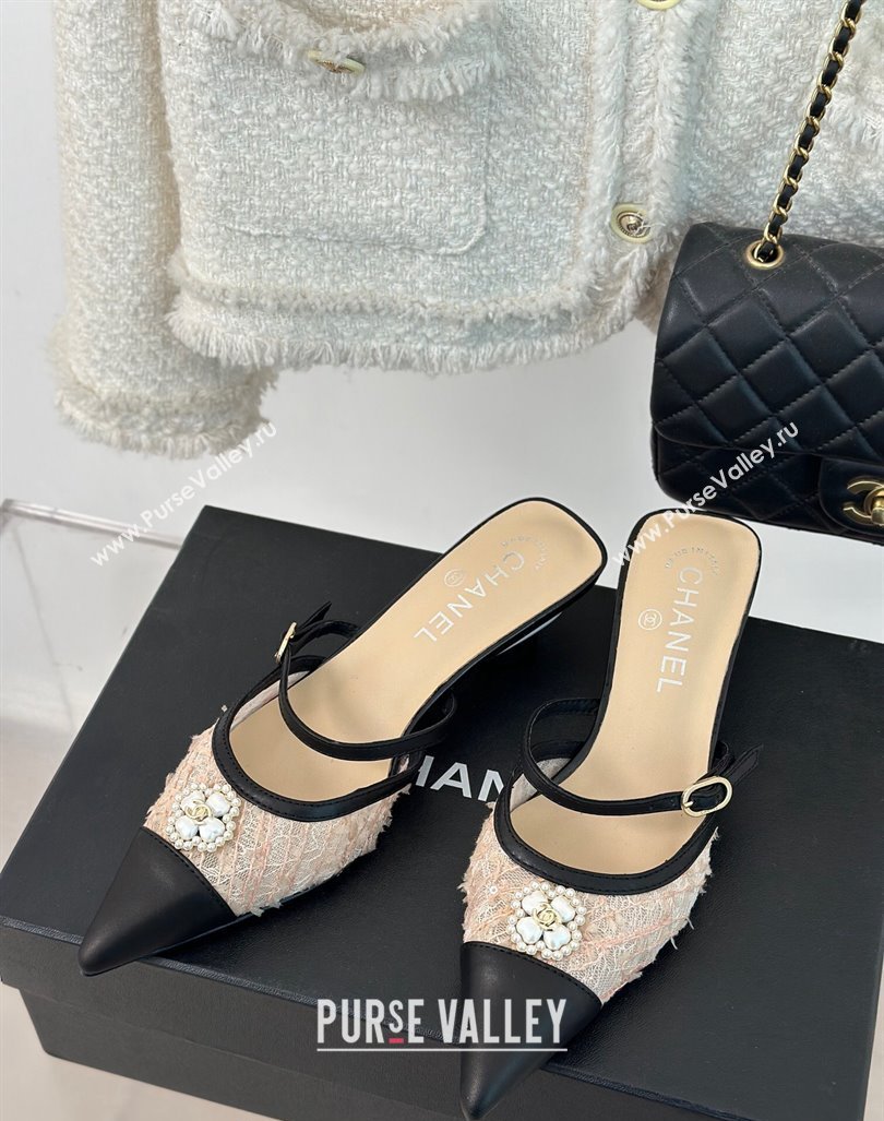 Chanel Tweed Mesh Heel Slide Sandals 3.5cm with Pearl Clover Beige 2024 (MD-240224041)