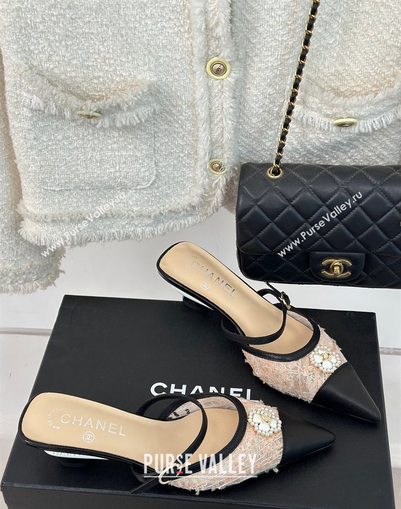 Chanel Tweed Mesh Heel Slide Sandals 3.5cm with Pearl Clover Beige 2024 (MD-240224041)