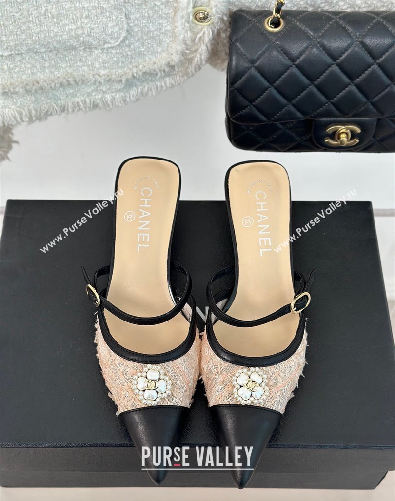 Chanel Tweed Mesh Heel Slide Sandals 3.5cm with Pearl Clover Beige 2024 (MD-240224041)