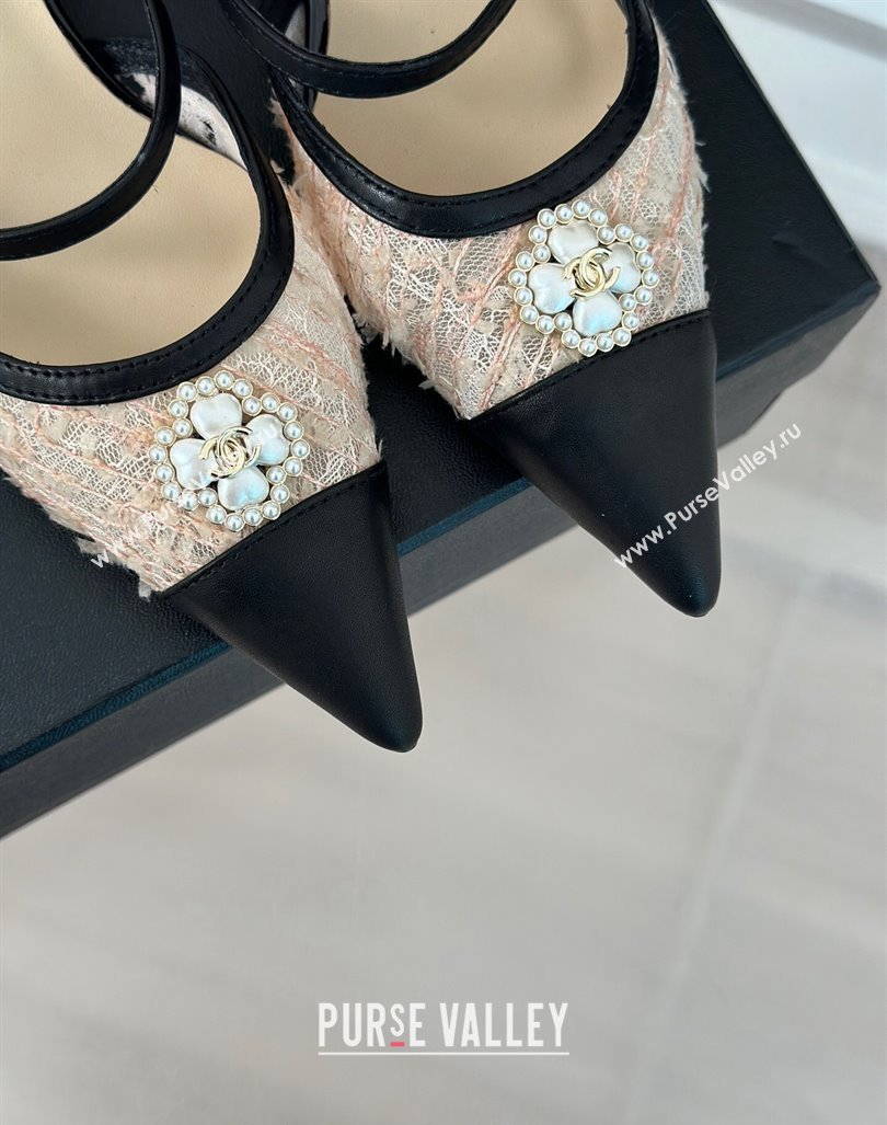 Chanel Tweed Mesh Heel Slide Sandals 3.5cm with Pearl Clover Beige 2024 (MD-240224041)