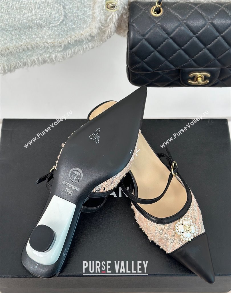 Chanel Tweed Mesh Heel Slide Sandals 3.5cm with Pearl Clover Beige 2024 (MD-240224041)