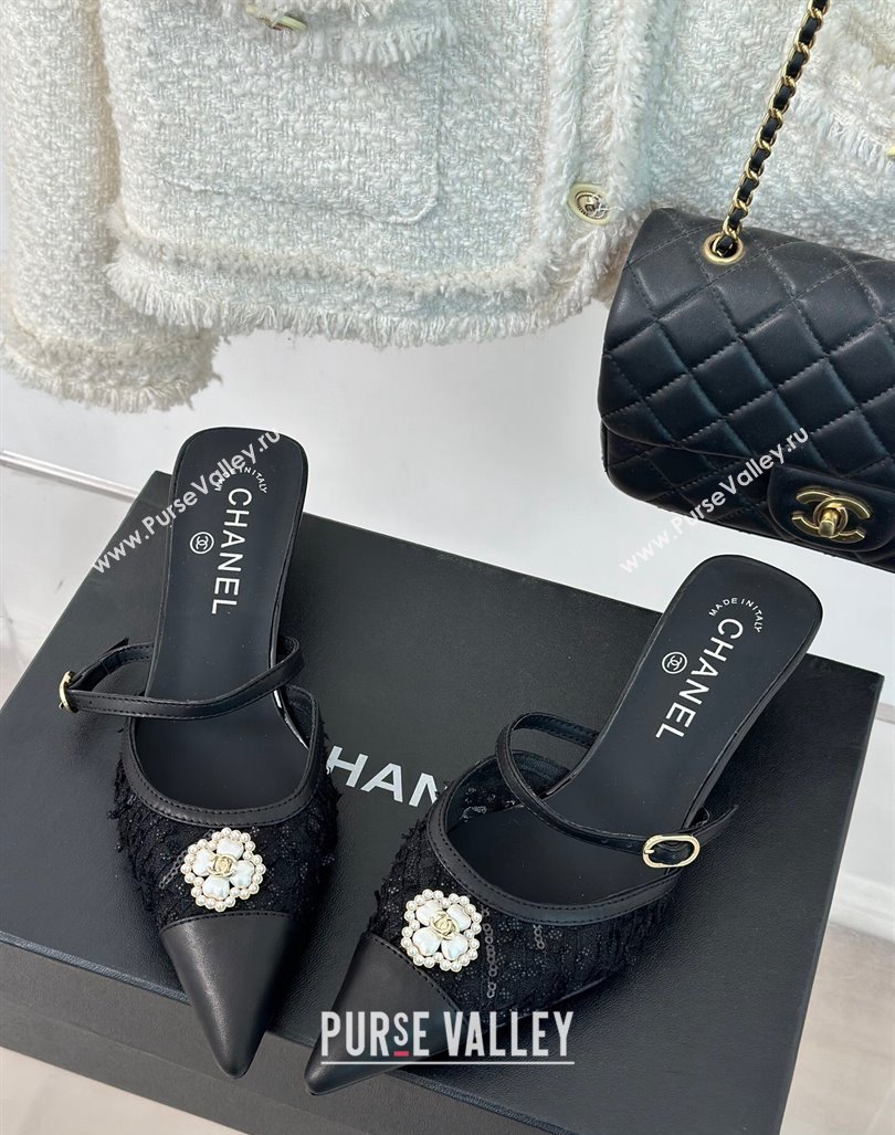 Chanel Tweed Mesh Heel Slide Sandals 3.5cm with Pearl Clover Black 2024 (MD-240224042)