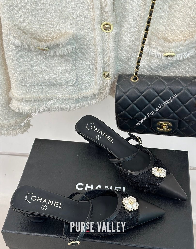 Chanel Tweed Mesh Heel Slide Sandals 3.5cm with Pearl Clover Black 2024 (MD-240224042)