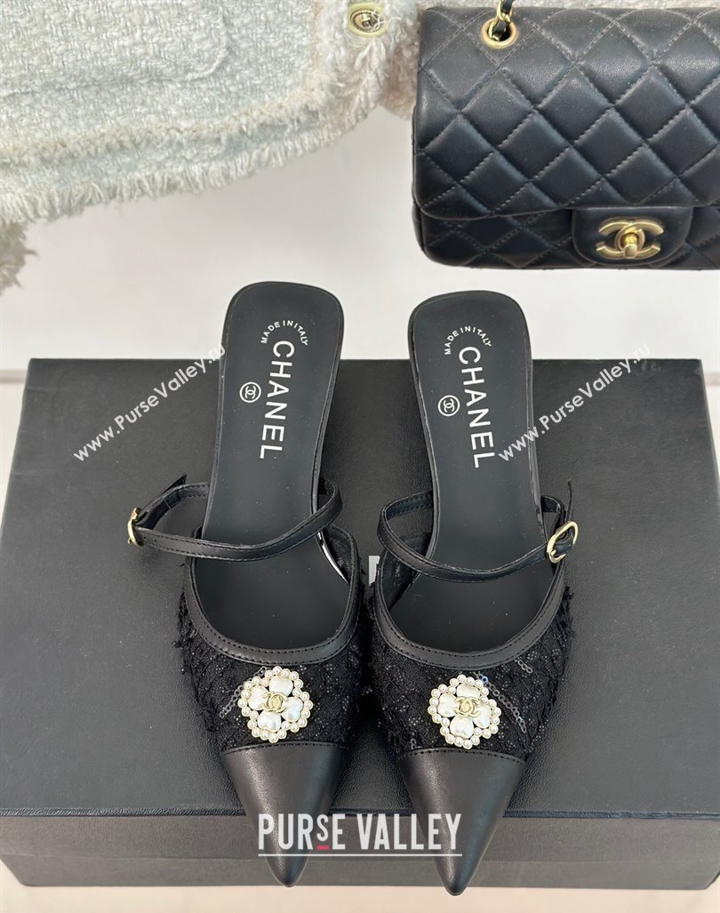 Chanel Tweed Mesh Heel Slide Sandals 3.5cm with Pearl Clover Black 2024 (MD-240224042)