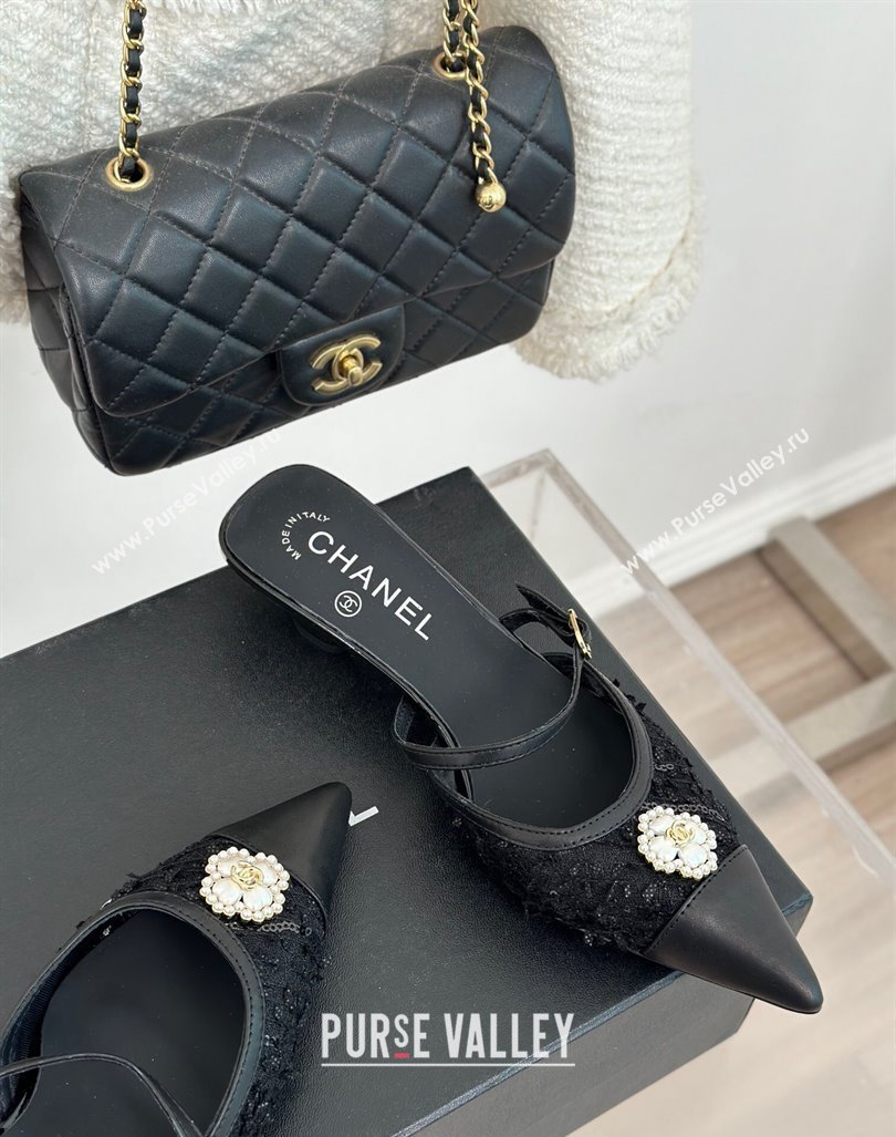 Chanel Tweed Mesh Heel Slide Sandals 3.5cm with Pearl Clover Black 2024 (MD-240224042)