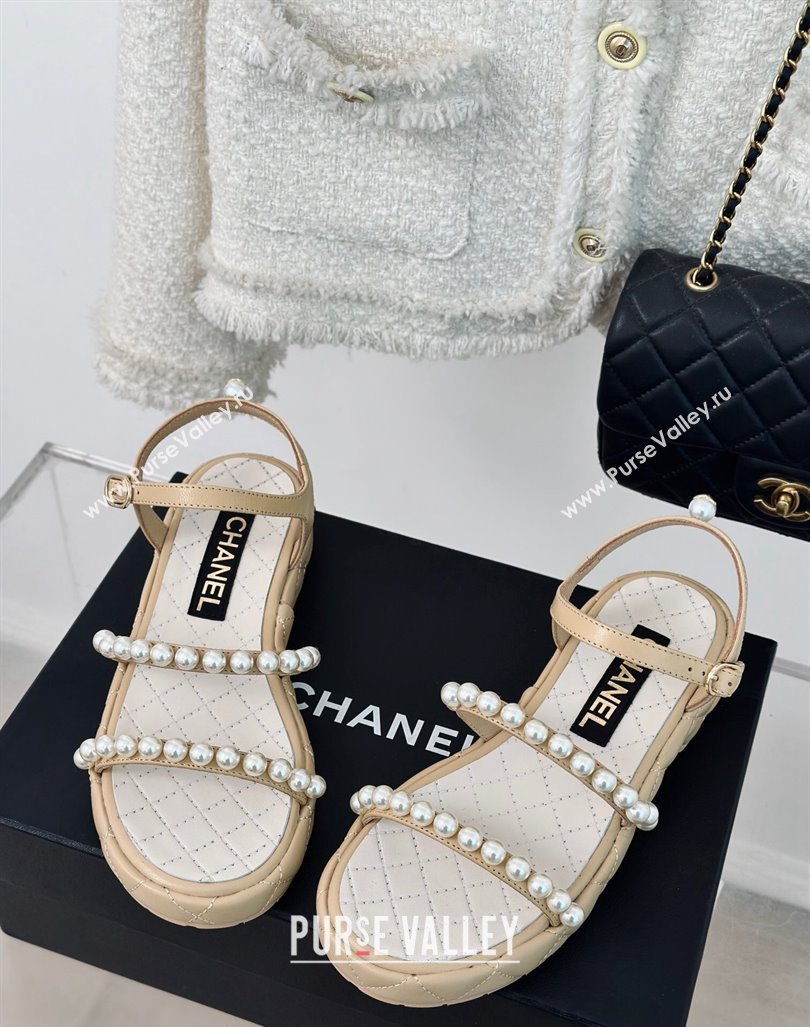 Chanel Quilted Lambskin Pearls Heel Sandals 3cm Beige 2024 0223 (MD-240223093)