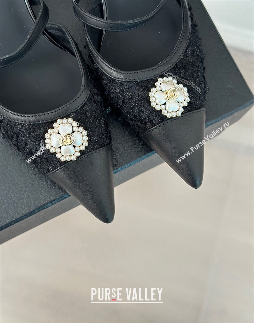 Chanel Tweed Mesh Heel Slide Sandals 3.5cm with Pearl Clover Black 2024 (MD-240224042)