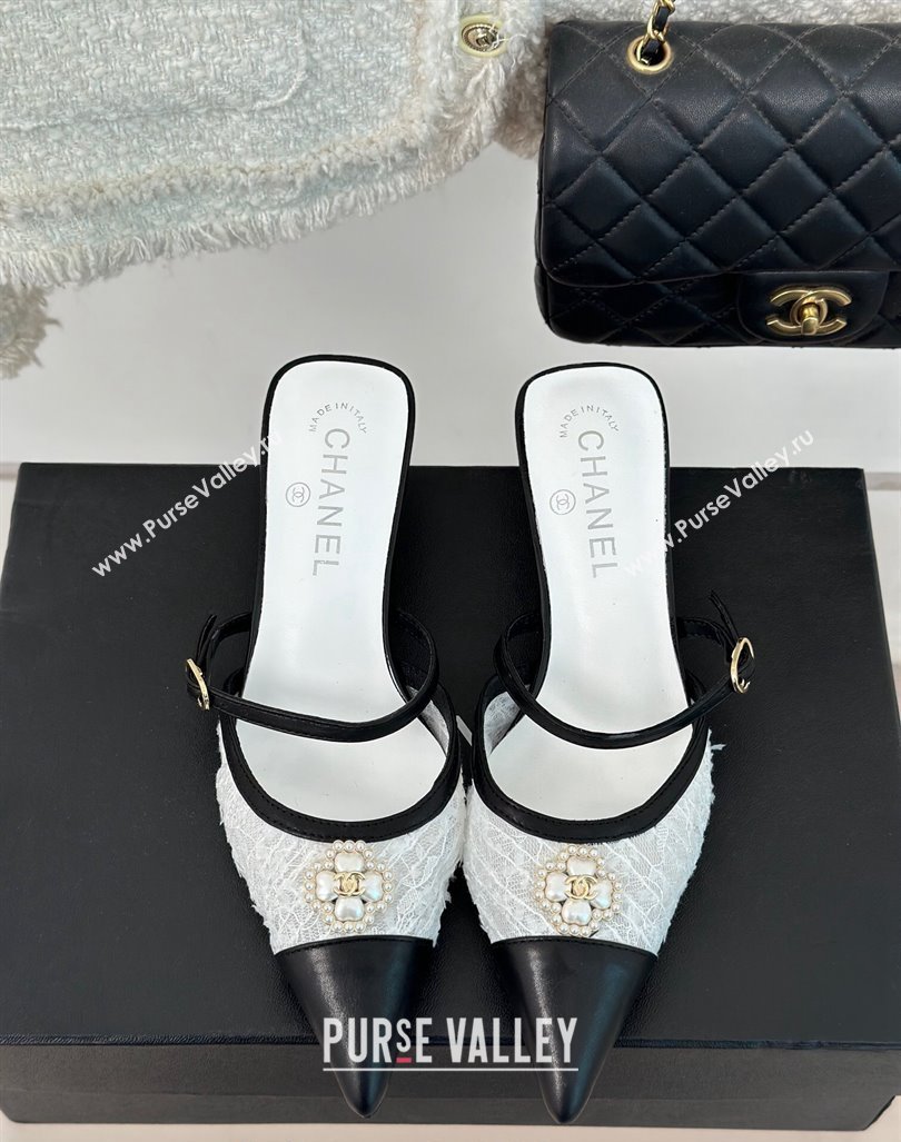 Chanel Tweed Mesh Heel Slide Sandals 3.5cm with Pearl Clover White 2024 (MD-240224043)