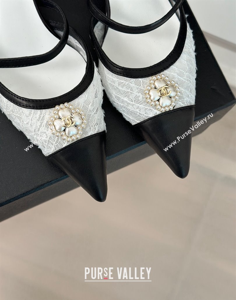 Chanel Tweed Mesh Heel Slide Sandals 3.5cm with Pearl Clover White 2024 (MD-240224043)