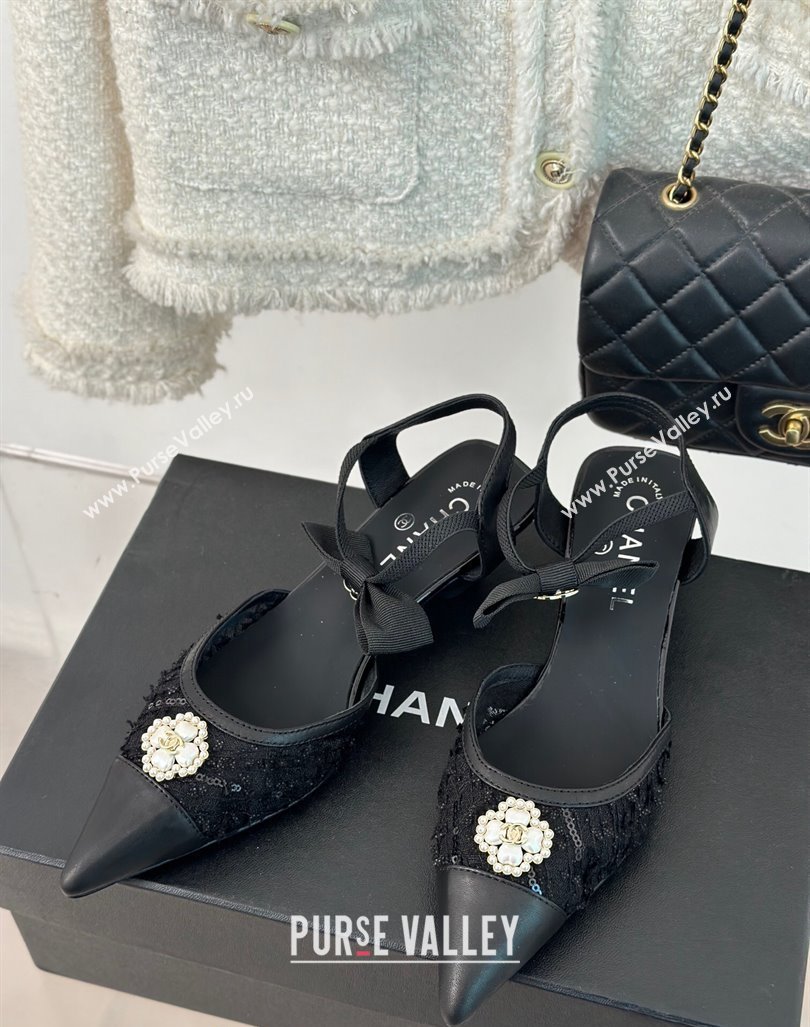 Chanel Mesh Heel Sandals 3.5cm with Pearl Clover and Bow Black 2024 (MD-240224044)