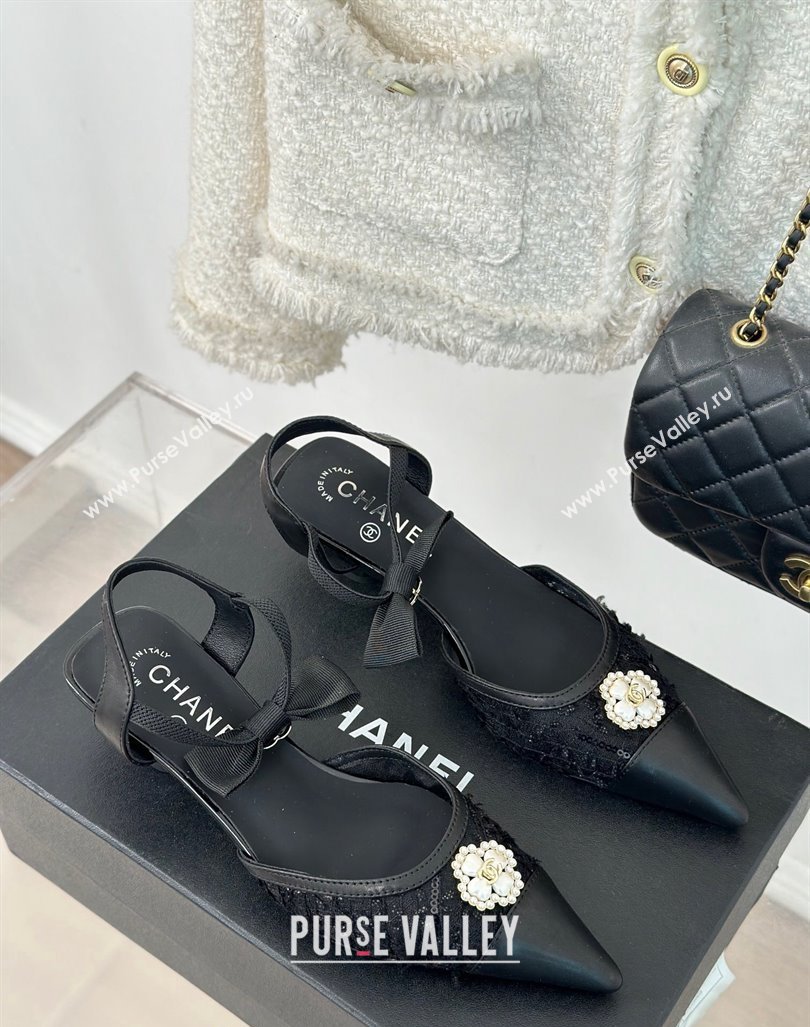 Chanel Mesh Heel Sandals 3.5cm with Pearl Clover and Bow Black 2024 (MD-240224044)