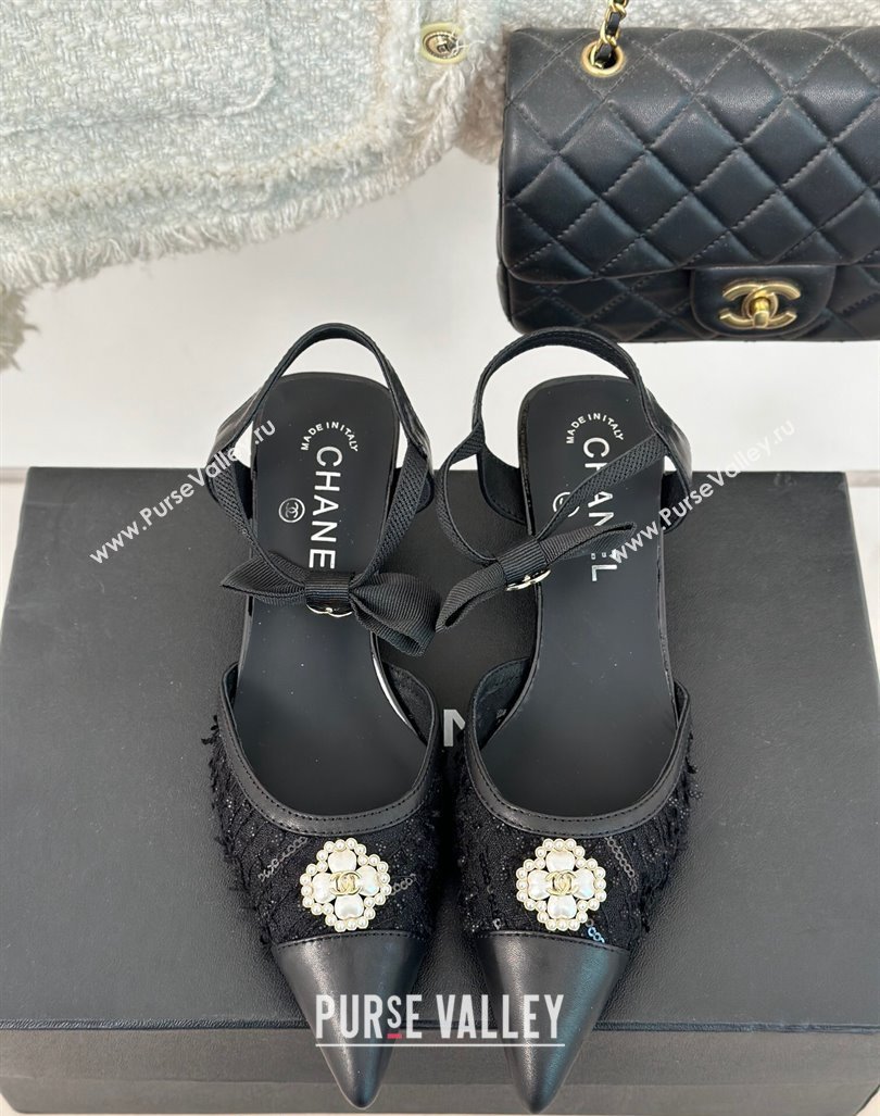 Chanel Mesh Heel Sandals 3.5cm with Pearl Clover and Bow Black 2024 (MD-240224044)