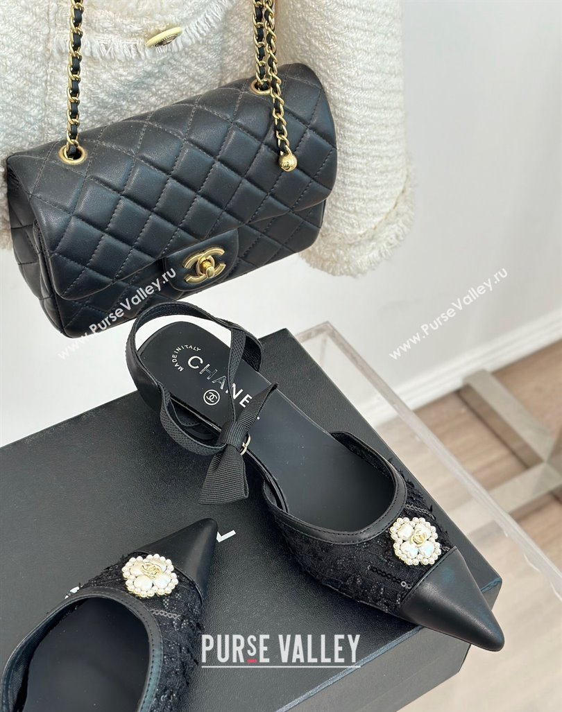 Chanel Mesh Heel Sandals 3.5cm with Pearl Clover and Bow Black 2024 (MD-240224044)