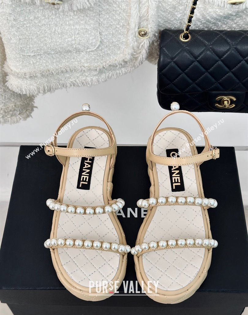 Chanel Quilted Lambskin Pearls Heel Sandals 3cm Beige 2024 0223 (MD-240223093)