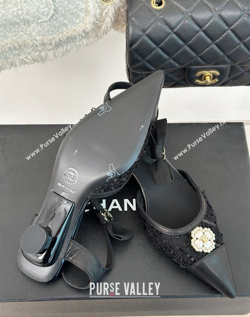 Chanel Mesh Heel Sandals 3.5cm with Pearl Clover and Bow Black 2024 (MD-240224044)