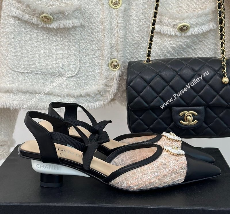 Chanel Mesh Heel Sandals 3.5cm with Pearl Clover and Bow Beige 2024 (MD-240224045)