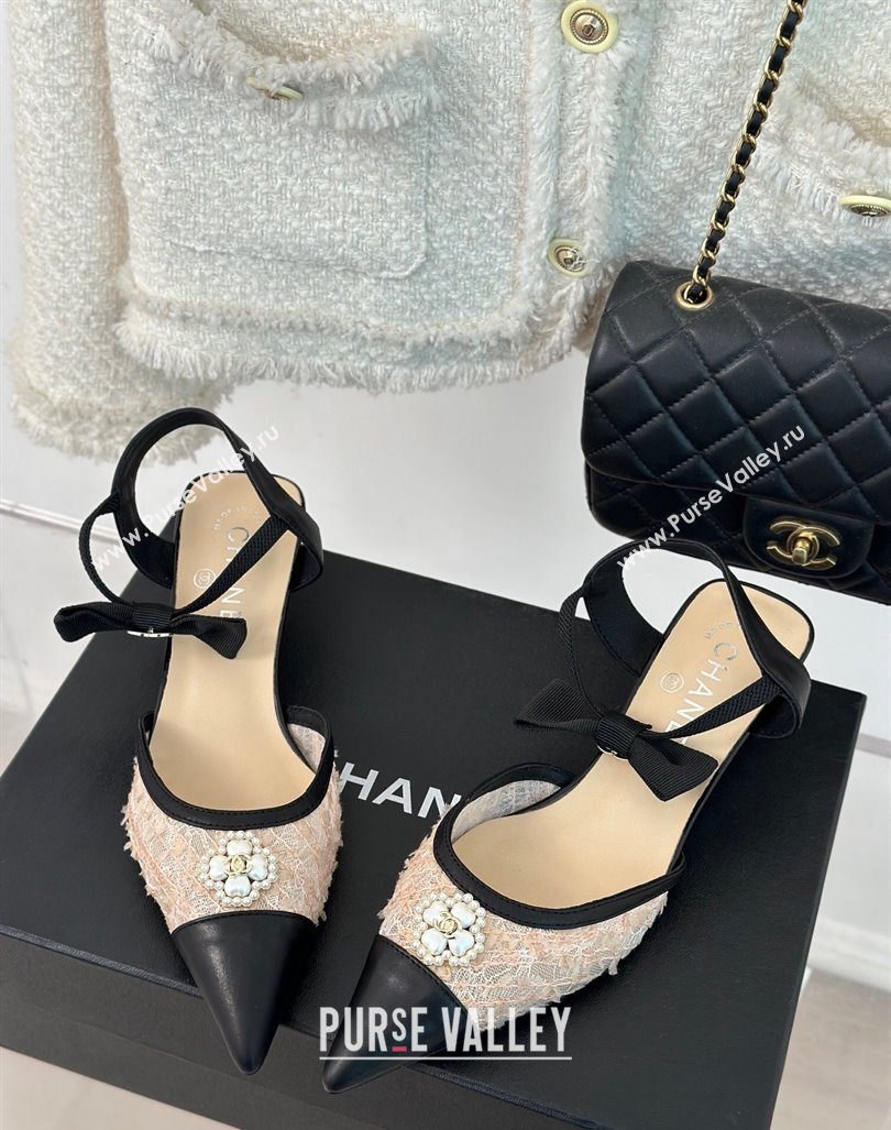 Chanel Mesh Heel Sandals 3.5cm with Pearl Clover and Bow Beige 2024 (MD-240224045)