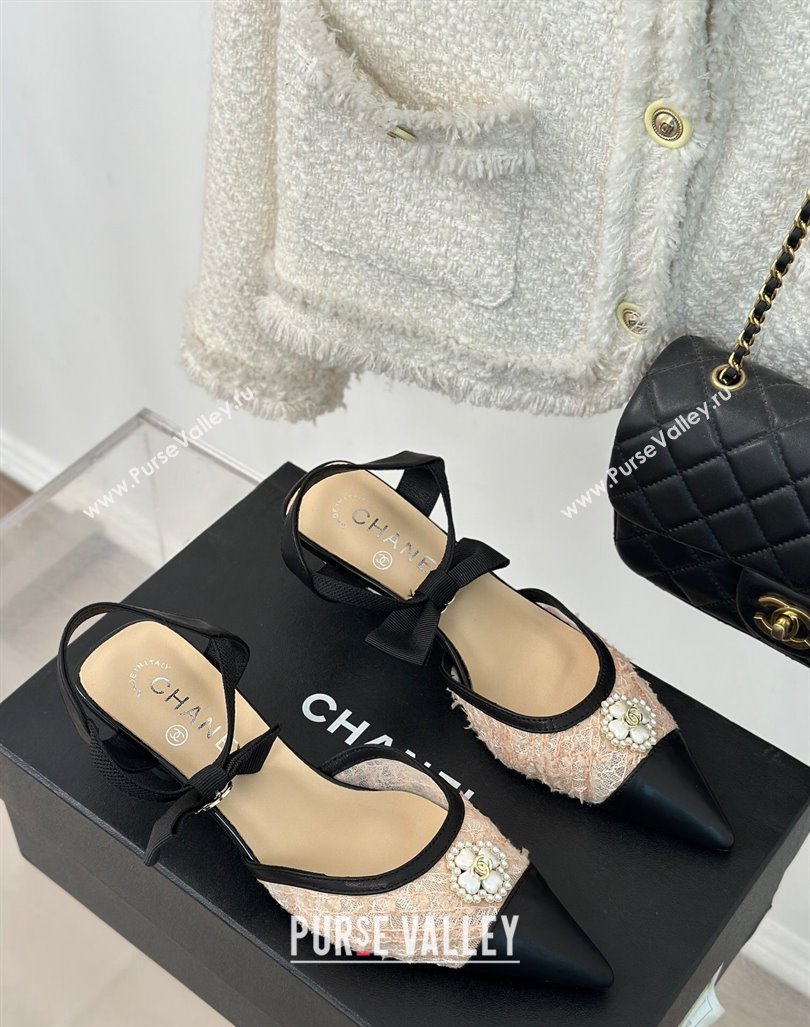 Chanel Mesh Heel Sandals 3.5cm with Pearl Clover and Bow Beige 2024 (MD-240224045)