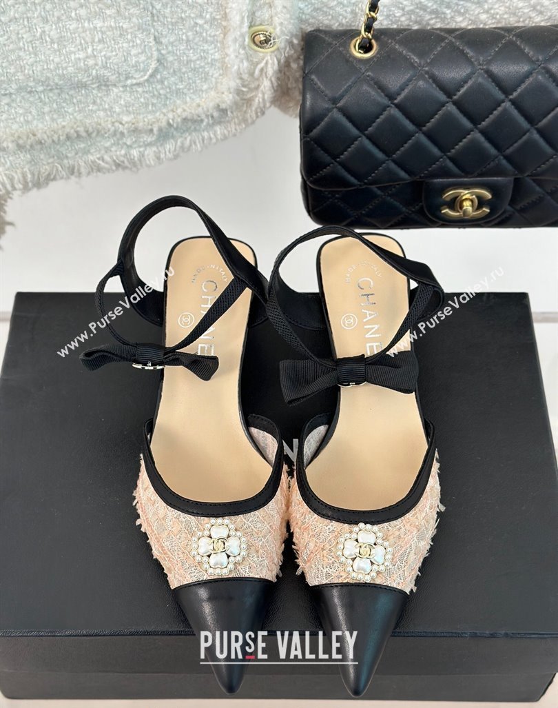 Chanel Mesh Heel Sandals 3.5cm with Pearl Clover and Bow Beige 2024 (MD-240224045)