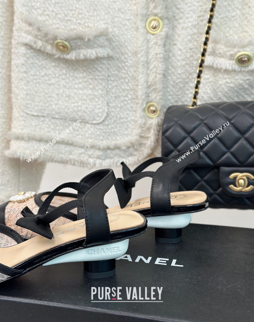 Chanel Mesh Heel Sandals 3.5cm with Pearl Clover and Bow Beige 2024 (MD-240224045)