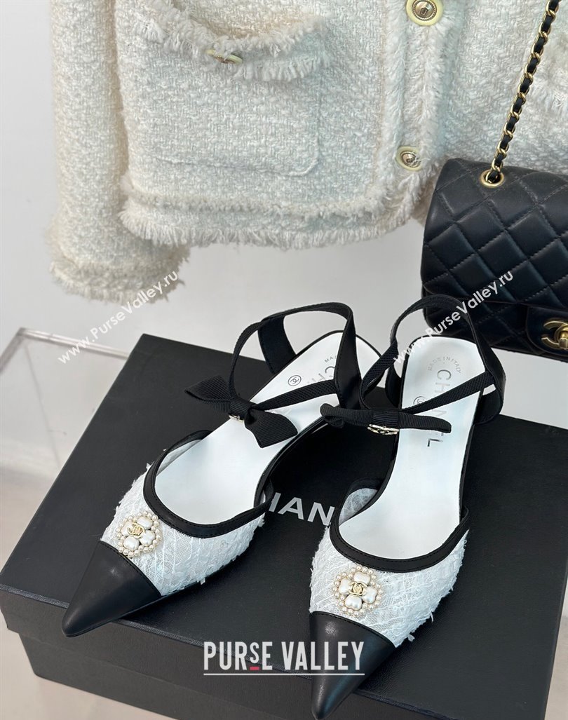 Chanel Mesh Heel Sandals 3.5cm with Pearl Clover and Bow White 2024 (MD-240224046)