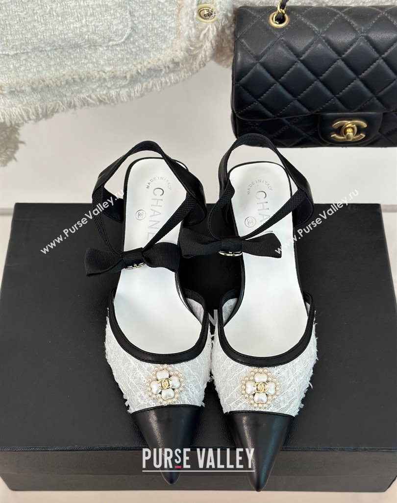 Chanel Mesh Heel Sandals 3.5cm with Pearl Clover and Bow White 2024 (MD-240224046)