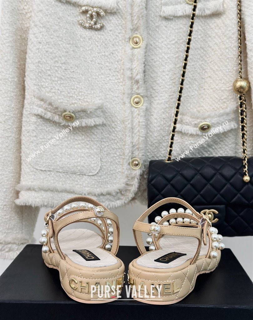 Chanel Quilted Lambskin Pearls Heel Sandals 3cm Beige 2024 0223 (MD-240223093)