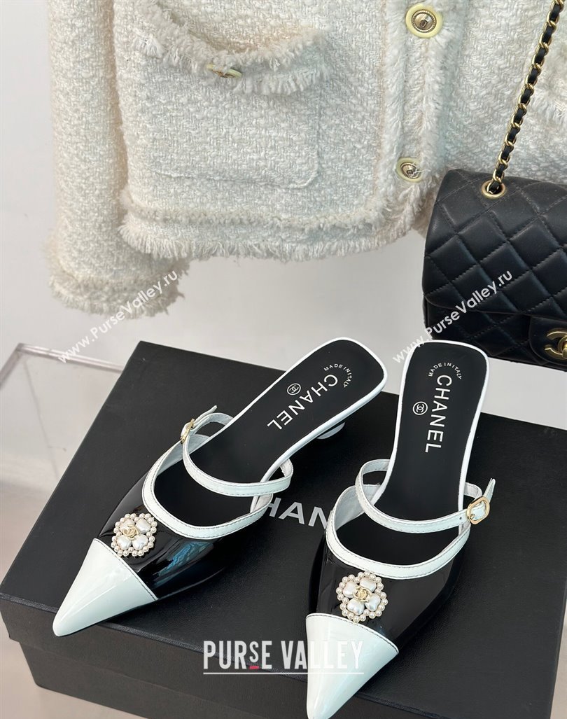 Chanel Calfskin Heel Slide Sandals 3.5cm with Pearl Clover Black 2024 (MD-240224049)