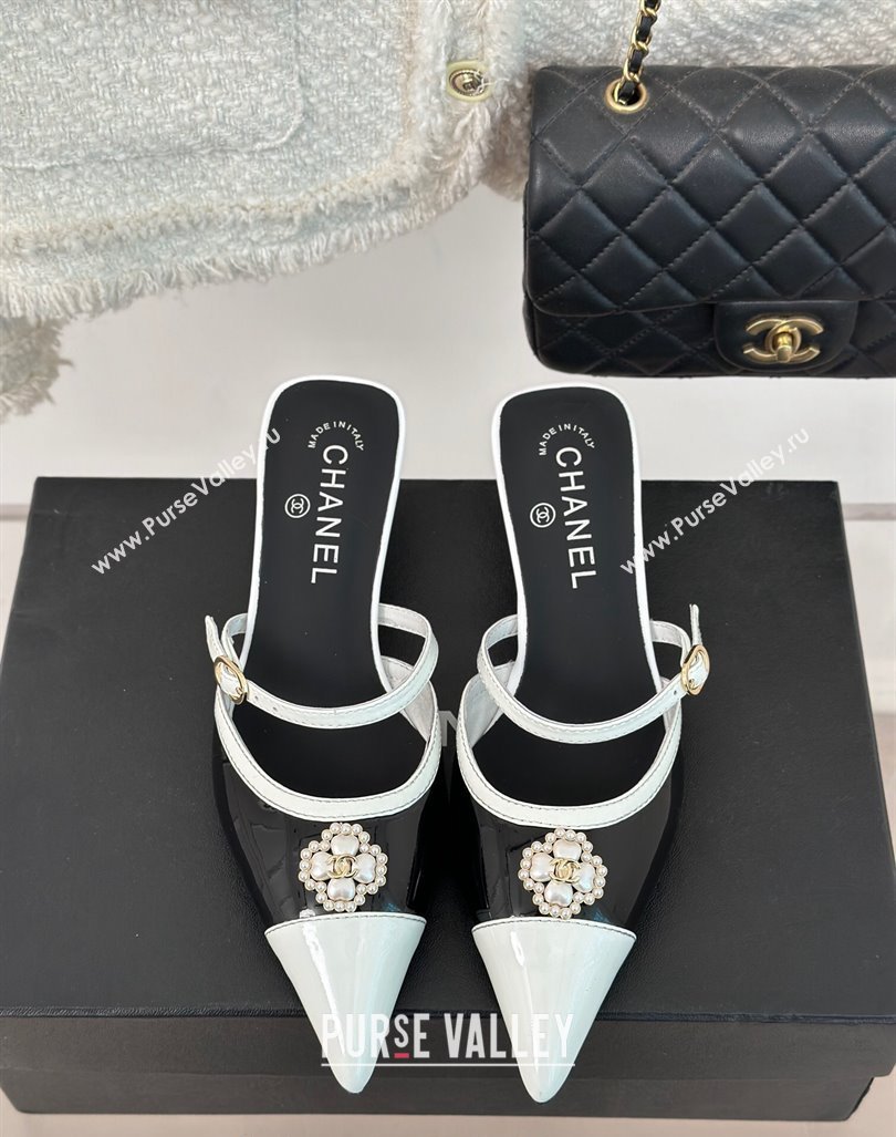 Chanel Calfskin Heel Slide Sandals 3.5cm with Pearl Clover Black 2024 (MD-240224049)