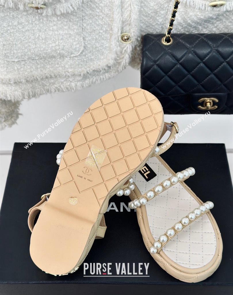 Chanel Quilted Lambskin Pearls Heel Sandals 3cm Beige 2024 0223 (MD-240223093)