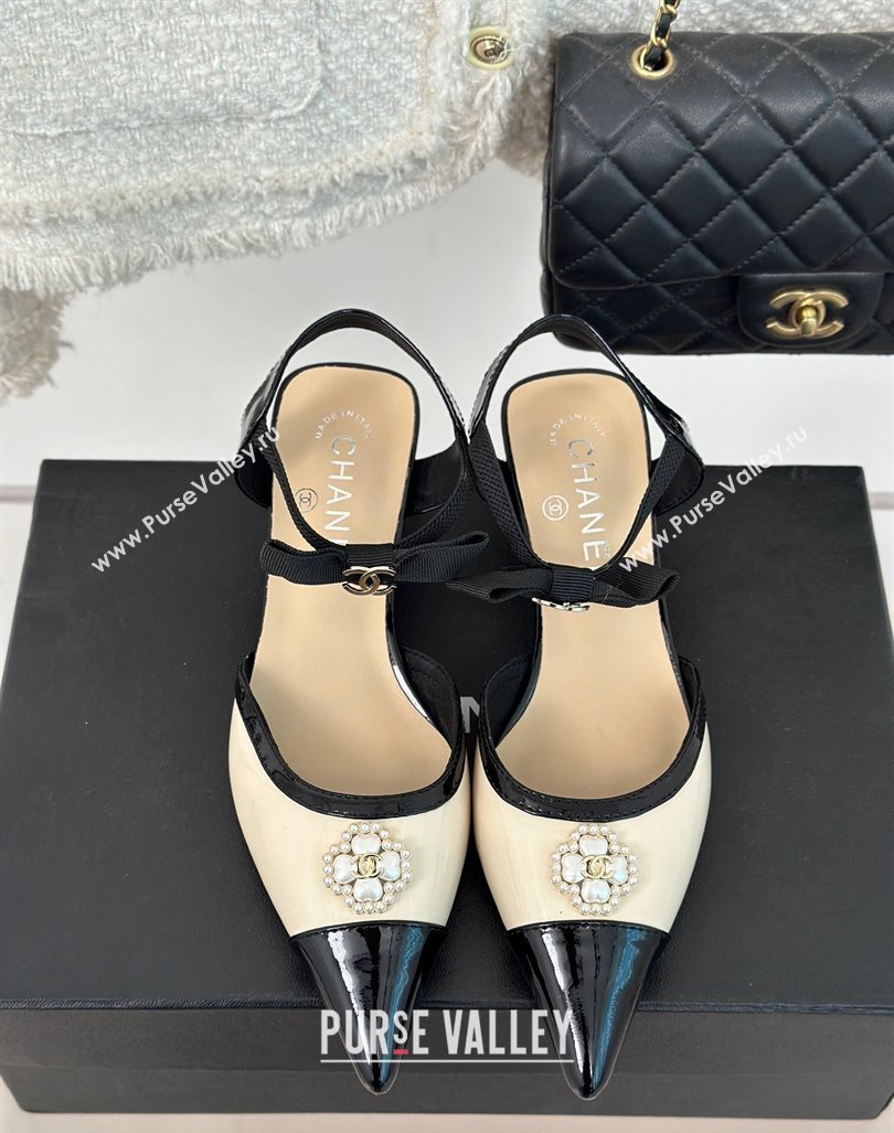 Chanel Calfskin Heel Sandals 3.5cm with Pearl Clover and Bow Light Beige 2024 (MD-240224051)