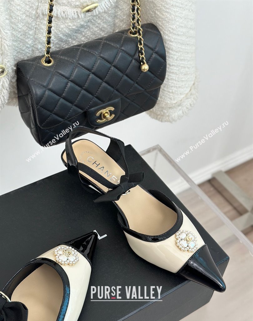 Chanel Calfskin Heel Sandals 3.5cm with Pearl Clover and Bow Light Beige 2024 (MD-240224051)