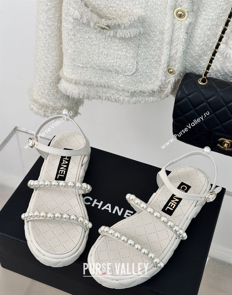 Chanel Quilted Lambskin Pearls Heel Sandals 3cm White 2024 0223 (MD-240223094)