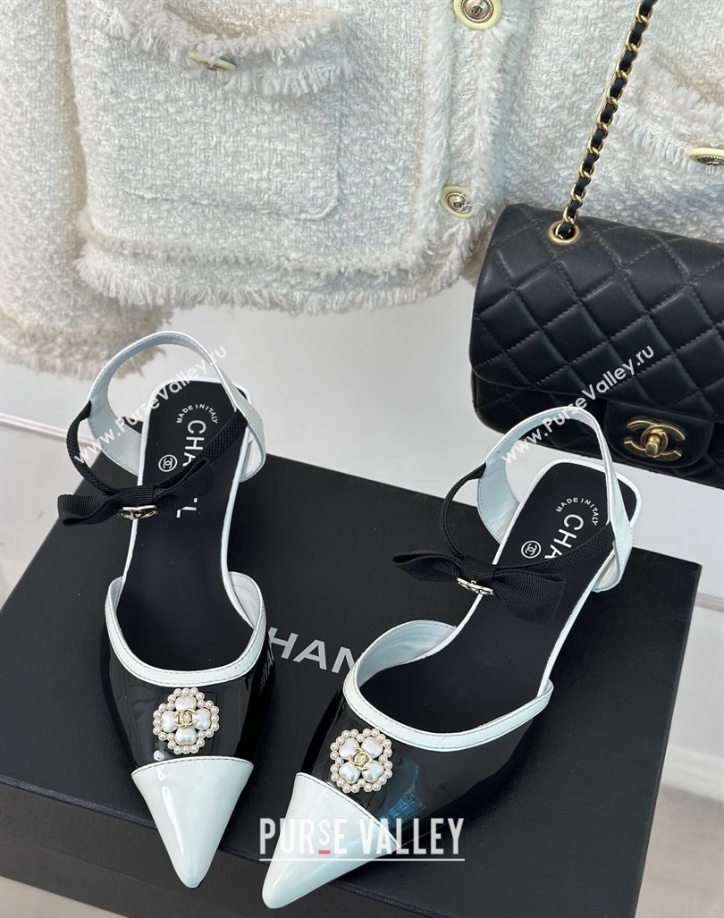 Chanel Calfskin Heel Sandals 3.5cm with Pearl Clover and Bow Black 2024 (MD-240224052)