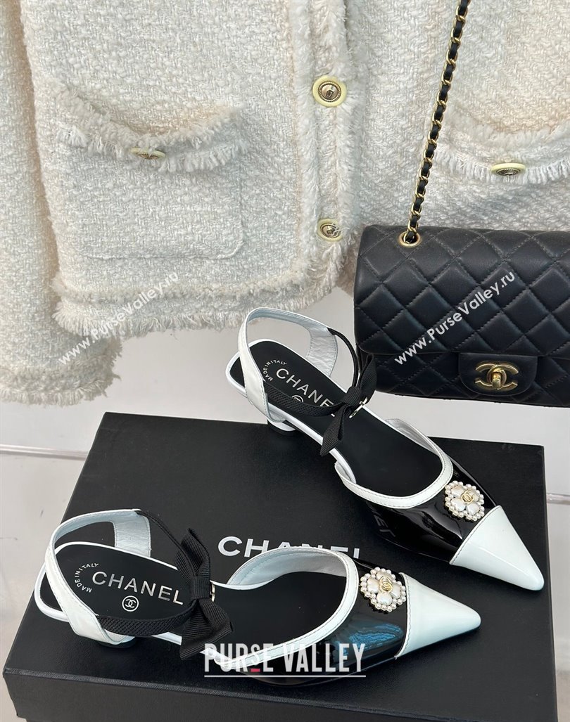 Chanel Calfskin Heel Sandals 3.5cm with Pearl Clover and Bow Black 2024 (MD-240224052)