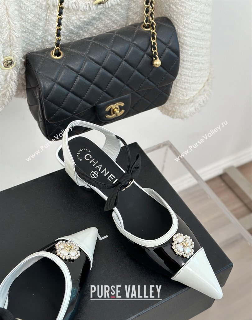 Chanel Calfskin Heel Sandals 3.5cm with Pearl Clover and Bow Black 2024 (MD-240224052)