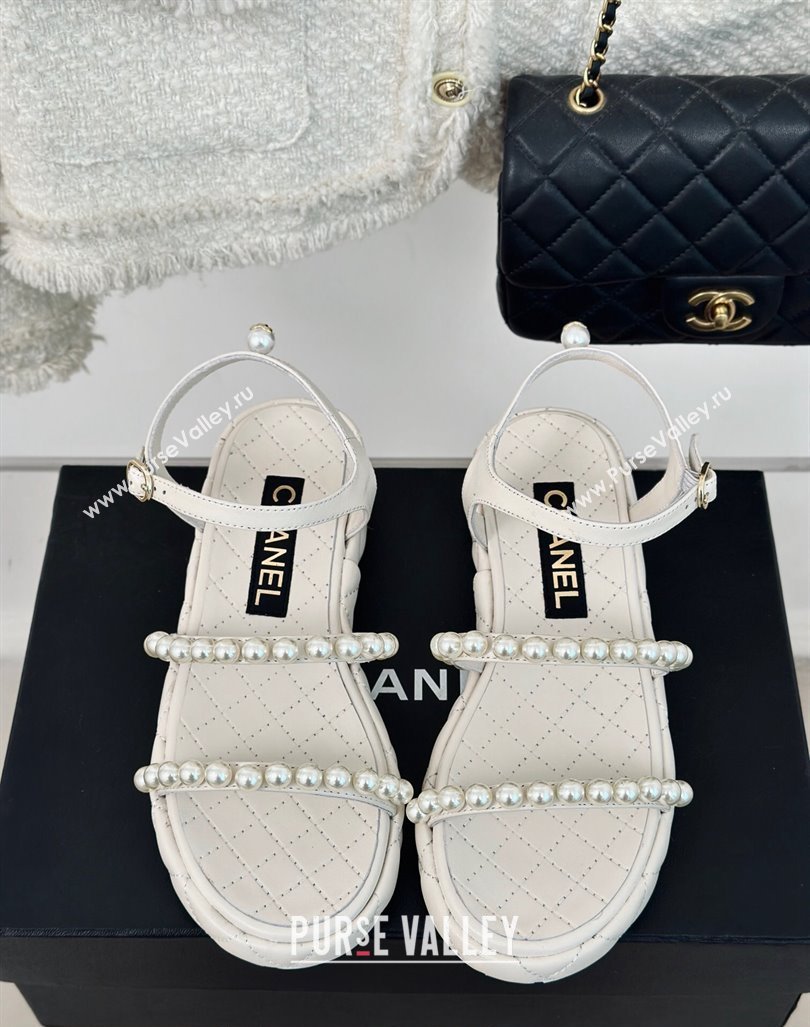 Chanel Quilted Lambskin Pearls Heel Sandals 3cm White 2024 0223 (MD-240223094)