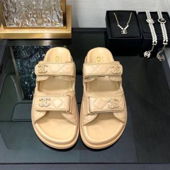 Chanel Quilted Lambskin Flat Strap Slide Sandals with Chain CC Beige 2024 0224 (MD-240224053)