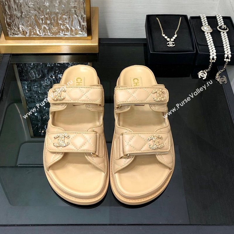 Chanel Quilted Lambskin Flat Strap Slide Sandals with Chain CC Beige 2024 0224 (MD-240224053)