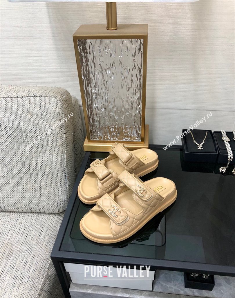 Chanel Quilted Lambskin Flat Strap Slide Sandals with Chain CC Beige 2024 0224 (MD-240224053)