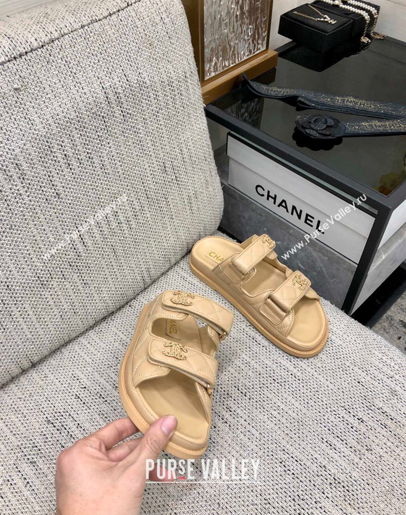 Chanel Quilted Lambskin Flat Strap Slide Sandals with Chain CC Beige 2024 0224 (MD-240224053)