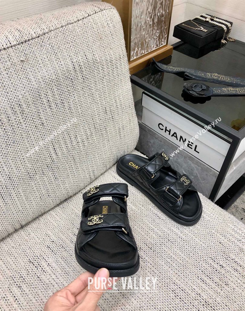 Chanel Quilted Lambskin Flat Strap Slide Sandals with Chain CC Black 2024 0224 (MD-240224054)