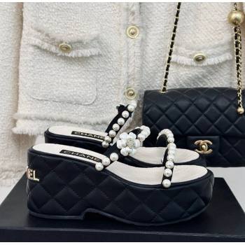 Chanel Quilted Lambskin and Pearls Wedge Platform Slide Sandals 7cm Black 2024 0223 (MD-240223098)