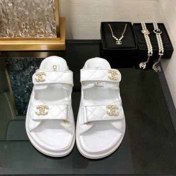 Chanel Quilted Lambskin Flat Strap Slide Sandals with Chain CC White 2024 0224 (MD-240224057)