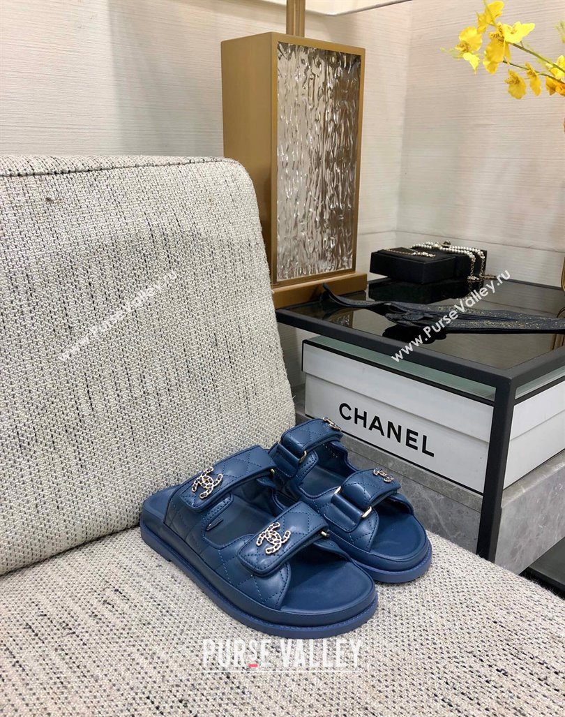 Chanel Quilted Lambskin Flat Strap Slide Sandals with Chain CC Dark Blue 2024 0224 (MD-240224058)