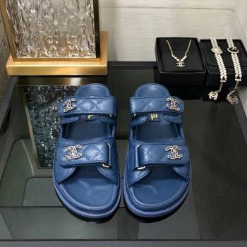 Chanel Quilted Lambskin Flat Strap Slide Sandals with Chain CC Dark Blue 2024 0224 (MD-240224058)