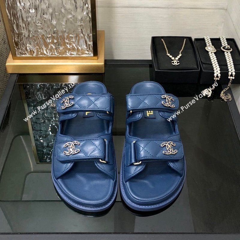 Chanel Quilted Lambskin Flat Strap Slide Sandals with Chain CC Dark Blue 2024 0224 (MD-240224058)