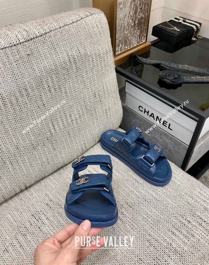 Chanel Quilted Lambskin Flat Strap Slide Sandals with Chain CC Dark Blue 2024 0224 (MD-240224058)