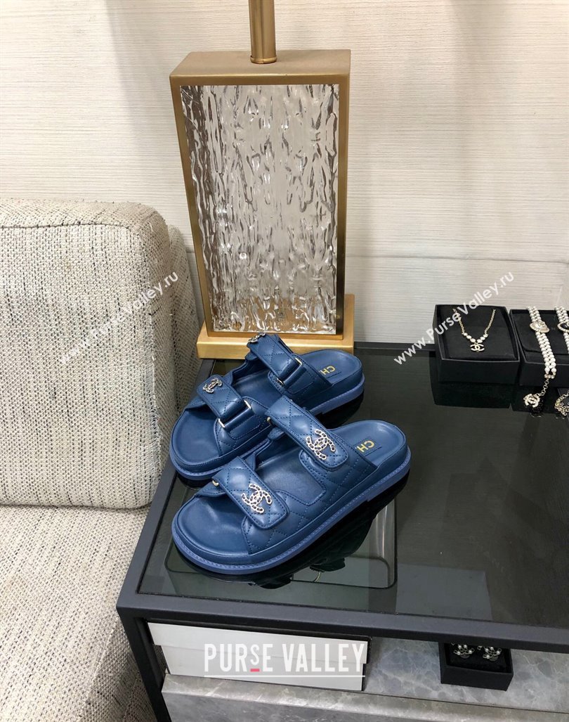 Chanel Quilted Lambskin Flat Strap Slide Sandals with Chain CC Dark Blue 2024 0224 (MD-240224058)