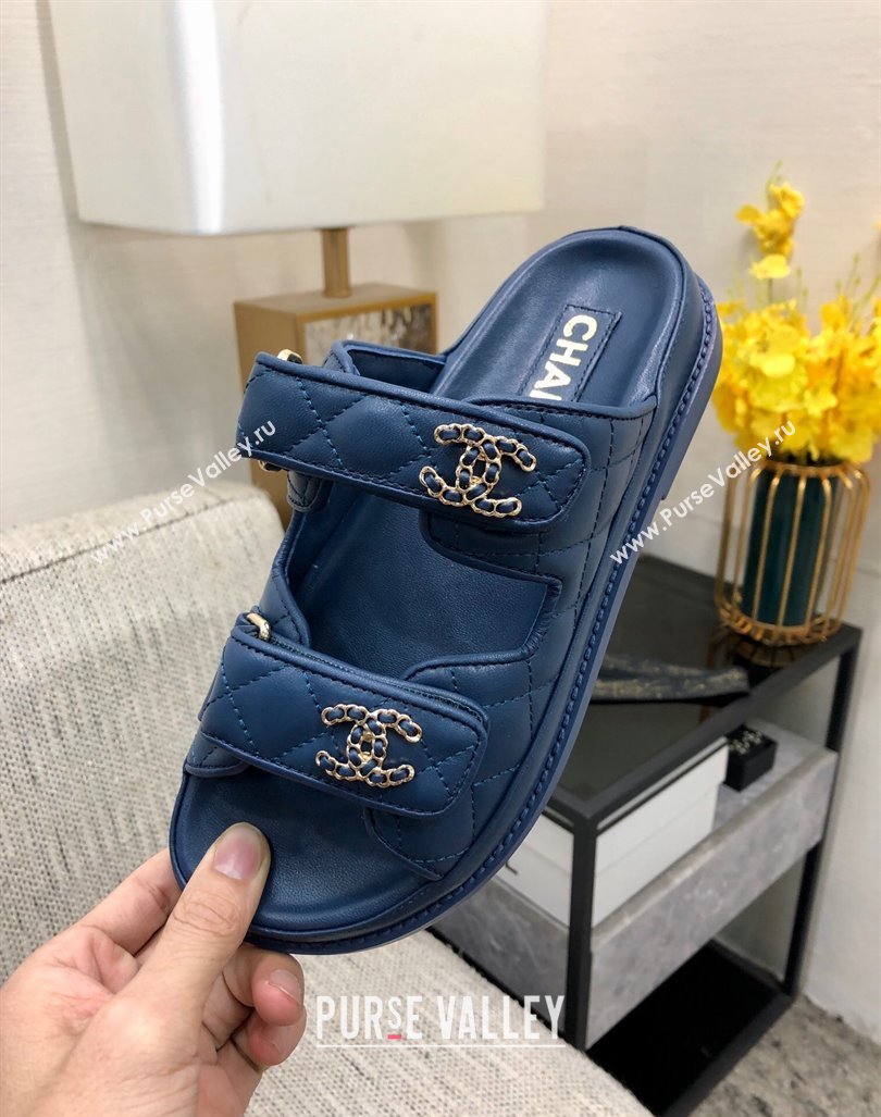 Chanel Quilted Lambskin Flat Strap Slide Sandals with Chain CC Dark Blue 2024 0224 (MD-240224058)